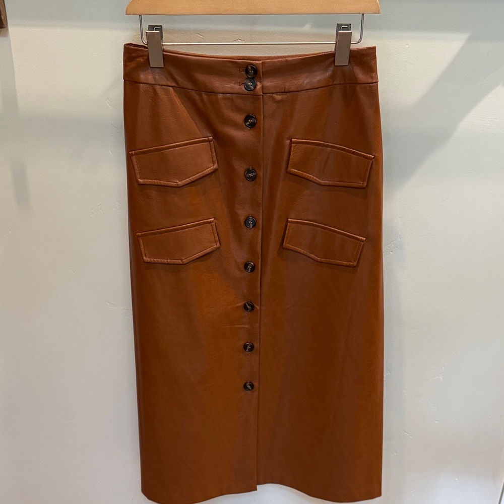 Mare Mare Brown Button-Front Faux Leather Midi Skirt
